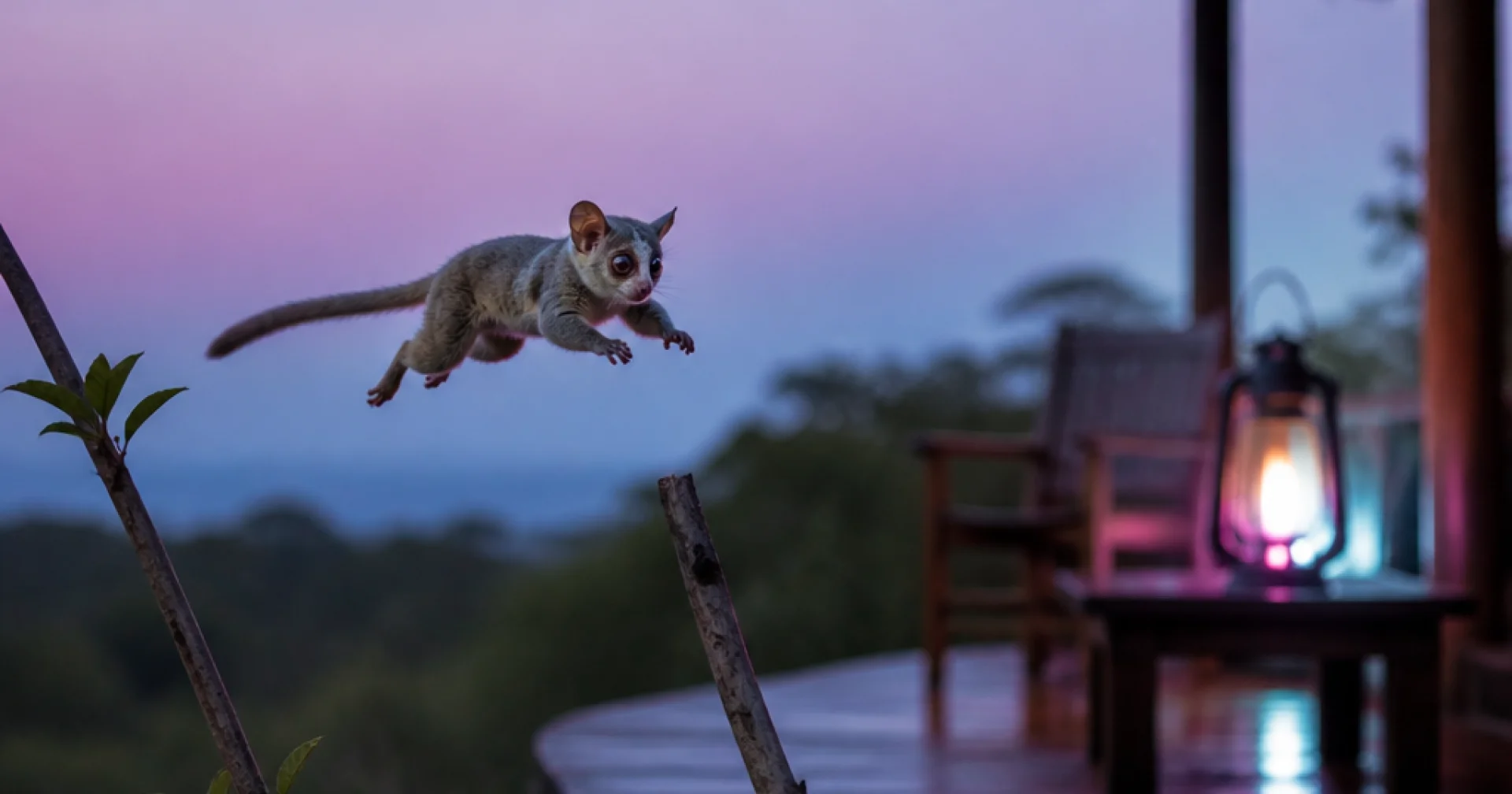 A tiny lemur glides between branches at dusk, with a lantern-lit lodge deck behind it